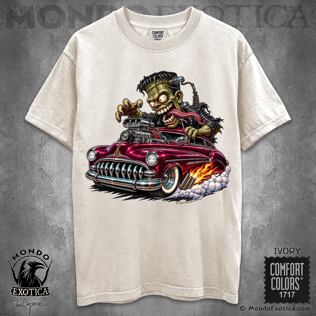 1950 Mercury Lead Sled Frankenstein T-Shirt featuring original Don Capone Kustom Kulture artwork