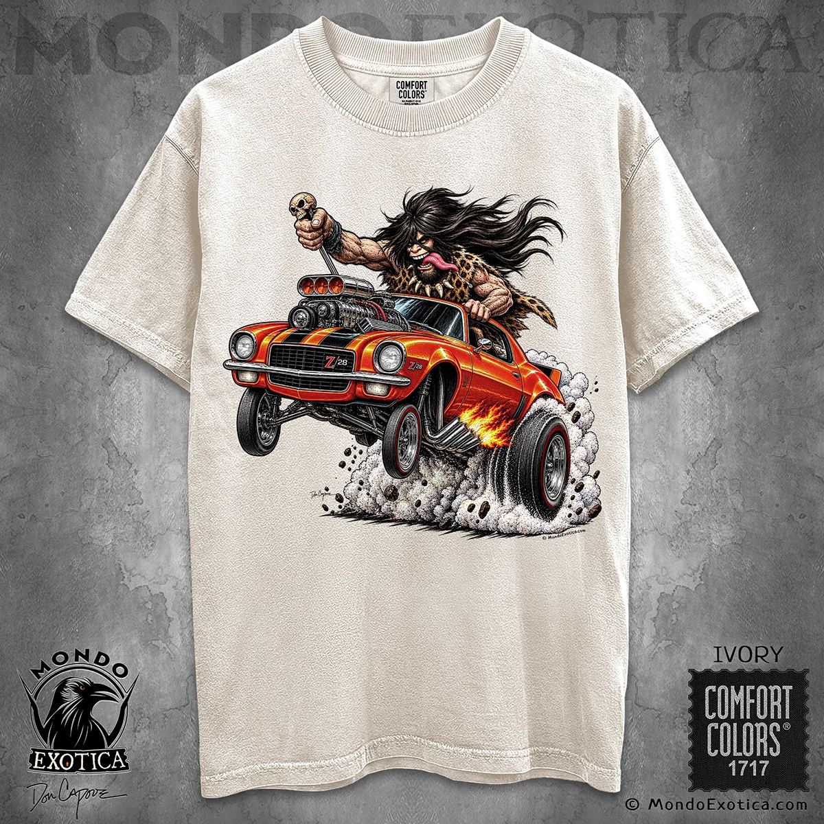 1970 Camaro Z28 T-Shirt featuring original Don Capone caveman and classic Chevy muscle car artwork