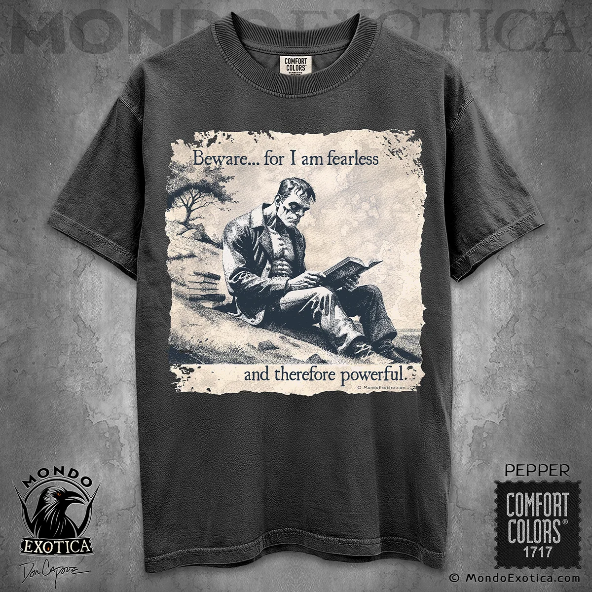 Frankenstein Literary Art T-Shirt featuring the monster reading a book by Don Capone