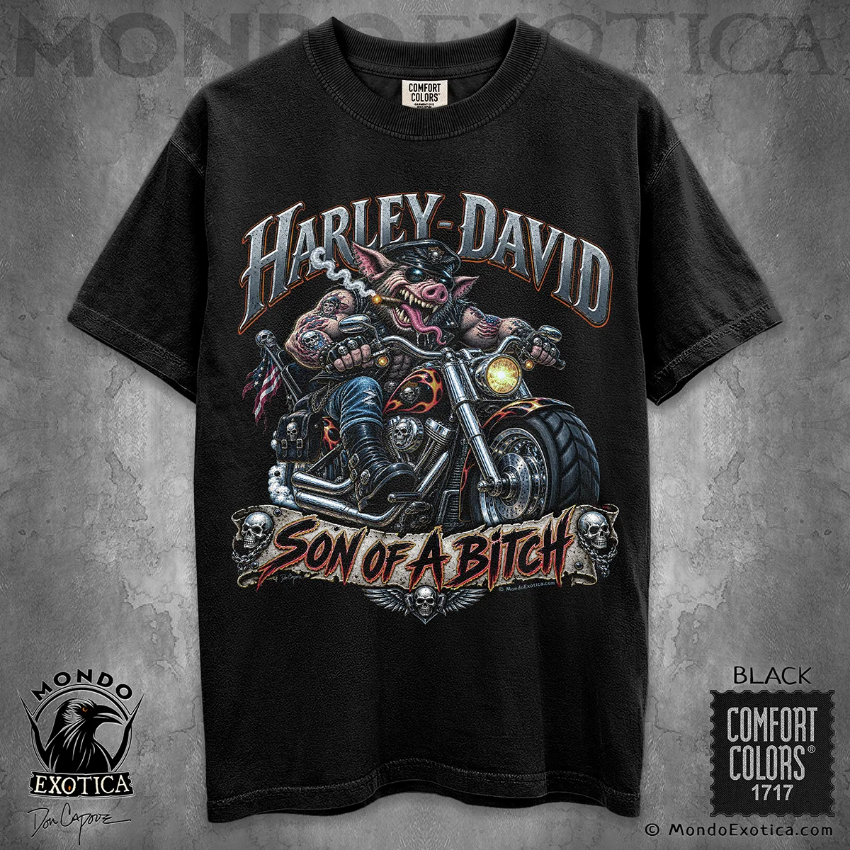 Harley-David Son of a Bitch T-Shirt featuring original Don Capone biker artwork with a tattooed hog riding a custom motorcycle
