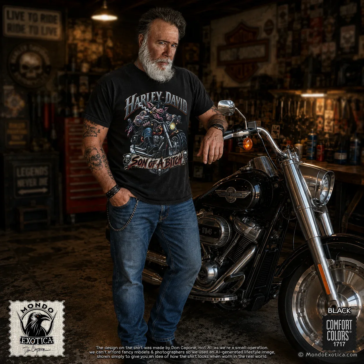 Harley-Davidson T-Shirt featuring original Don Capone biker artwork with a tattooed hog riding a custom motorcycle