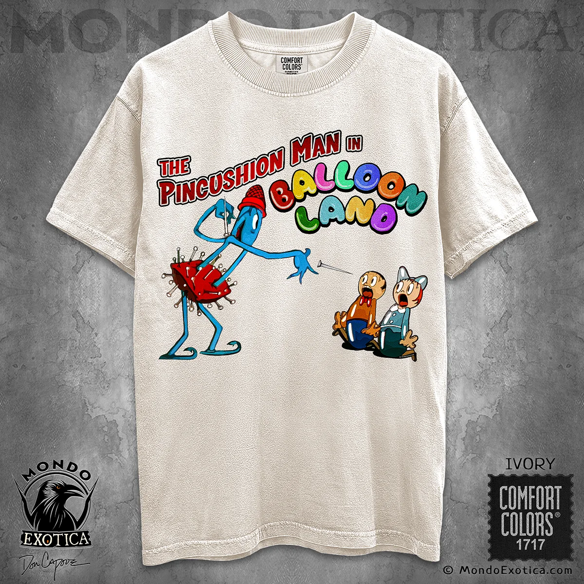 Pincushion Man in Balloon Land T-Shirt featuring Don Capone's reinterpretation of the 1935 Ub Iwerks cartoon character